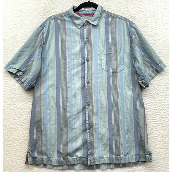 Tommy Bahama Shirt Mens Medium Blue Striped Silk Cotton Button Down Hawaiin - Picture 1 of 12